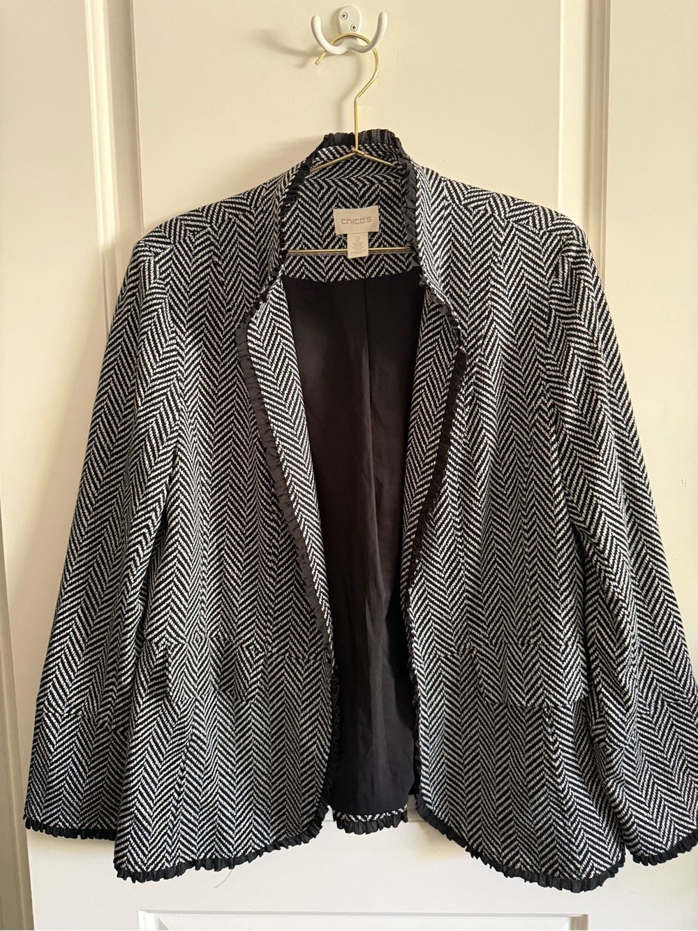 Chico's Black & White Herringbone Open Blazer 2-Large